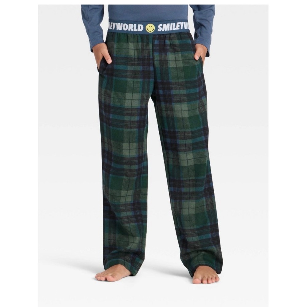 SmileyWorld‎ Boys Plaid Pajama Pants Green Blue Fleece Sleep Bottoms L 10/12 NEW